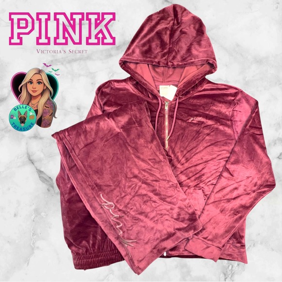 PINK Victorias Secret Velour Heritage Tracksuit Jacket & SweatPants Pink XXL Y2K
